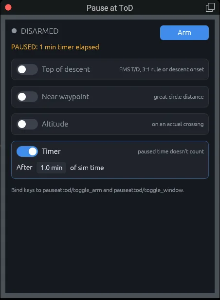 Pause at top of descent mod for xp12