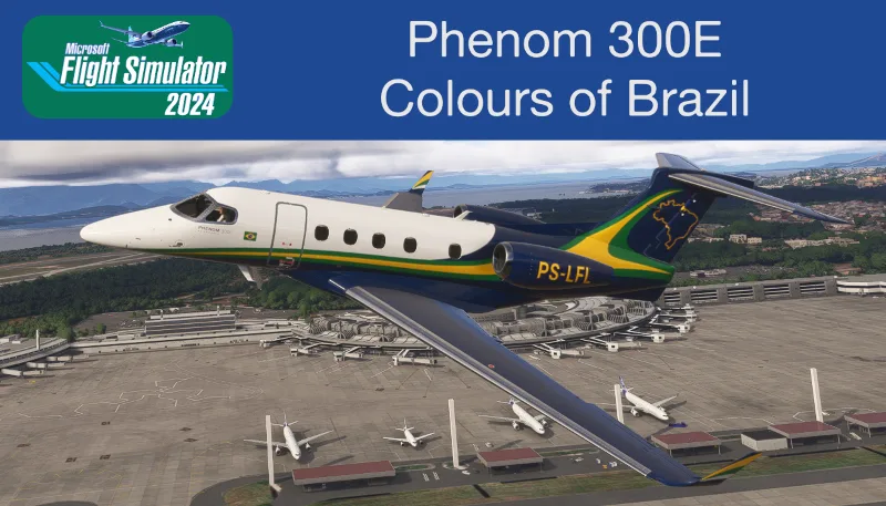Repaint of the FSReborn Phenom 300e in the blue, green and yellow colours of Brazil for Microsoft Flight Simulator 2024