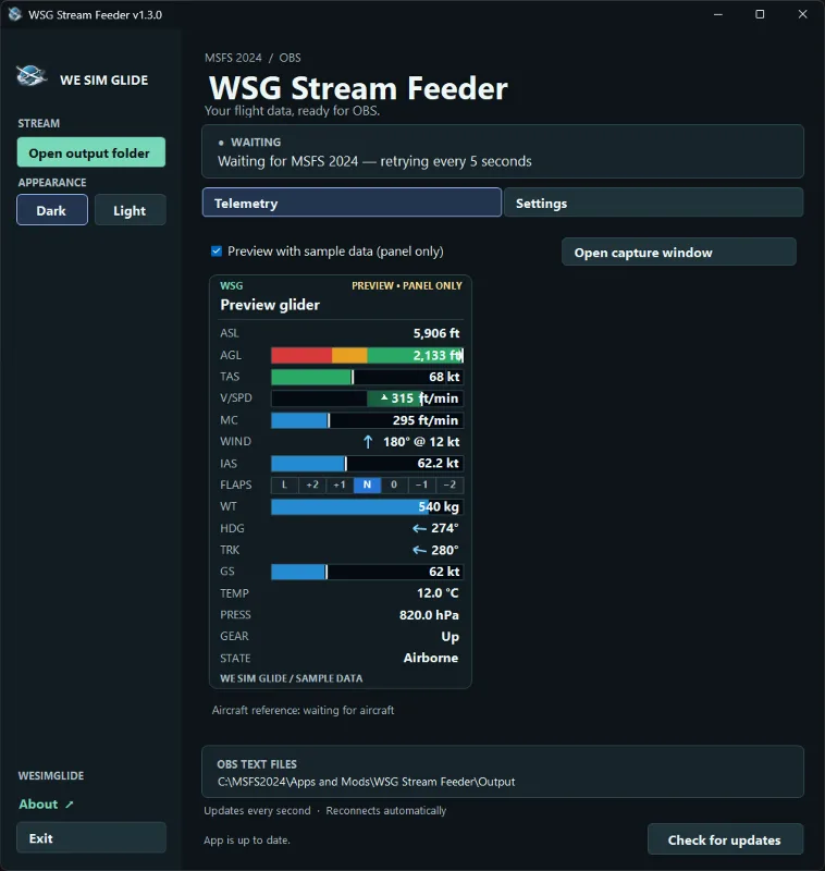 WSG Stream Feeder for Microsoft Flight Simulator 2024